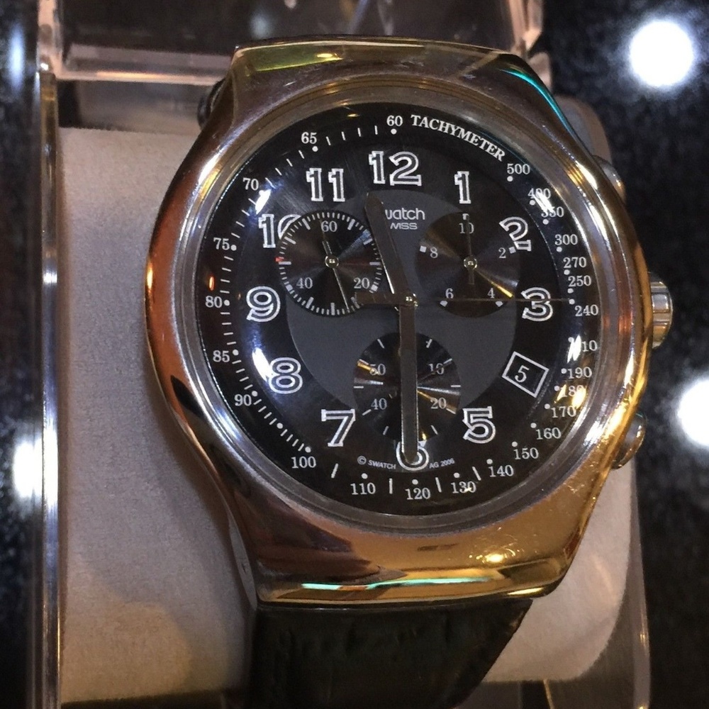 Swatch  Black Chronograph Dial Leather Band